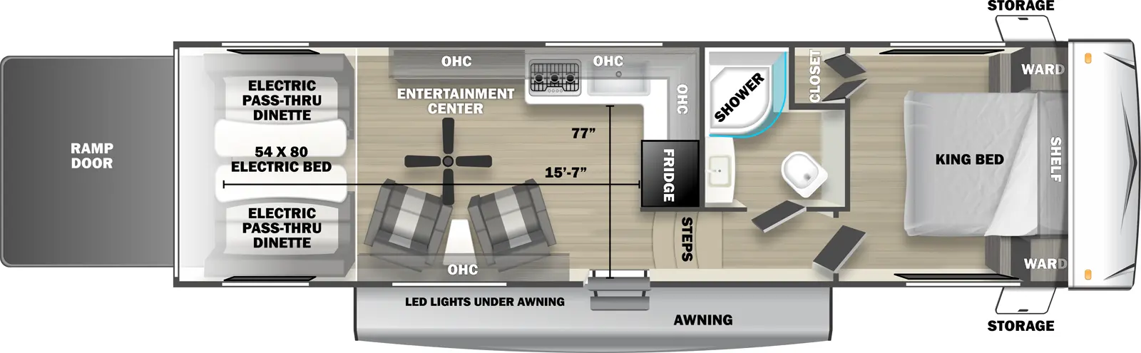 The 2710SLX fifth wheel has no slide outs, 1 entry door and 1 rear ramp door. Exterior features include an awning with LED lights and front opposing side storage access. Interior layout from front to back includes front bedroom with foot-facing King bed, shelf over the bed, front corner wardrobes and front facing closet; off-door side bathroom with radius shower, toilet and single sink vanity; 3 steps down into the kitchen area with off-door side L-shaped countertop, stovetop, L-Shaped overhead cabinets, sink and rear facing refrigerator; 2 door side recliners with end table; ceiling fan; off-door side entertainment center with overhead cabinet; and rear 54 x 80 electric bed over electric pass-through dinette. Cargo length from rear of unit to refrigerator is 15 ft. 7 in. Cargo width from countertop to door side wall is 77 inches.